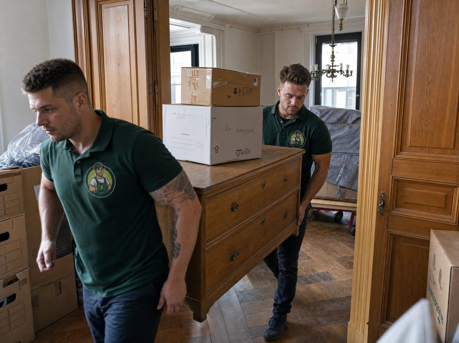 Team von Entrümpeltrupp NRW trägt Kartons und Möbel bei einer Haushaltsauflösung aus einer Wohnung